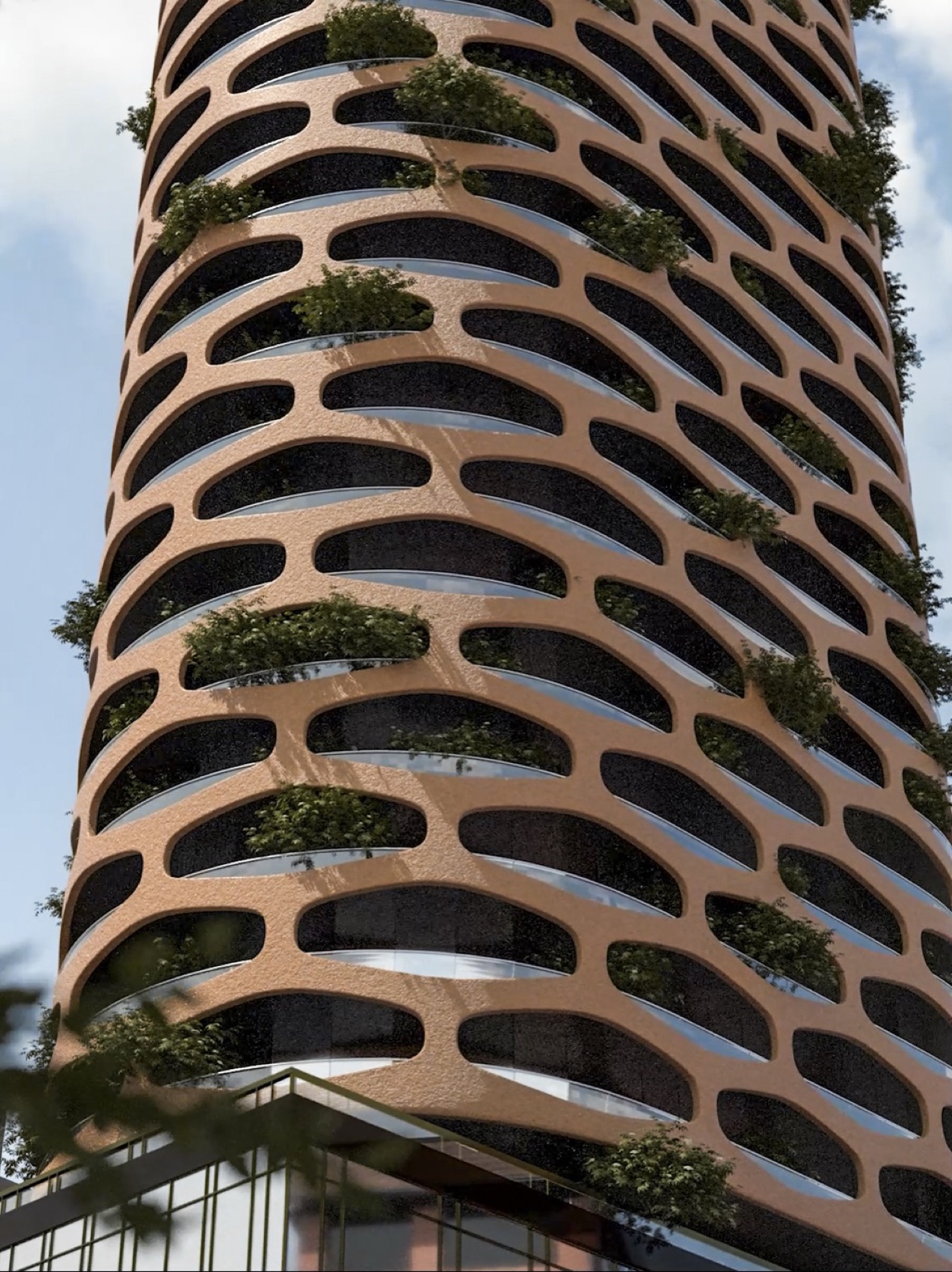 Detail of TET Tower's rounded, planted façade